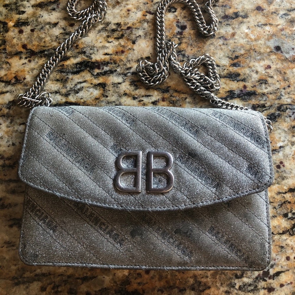 Balenciaga BB Silver Glittered Leather Wallet on Chain Bag